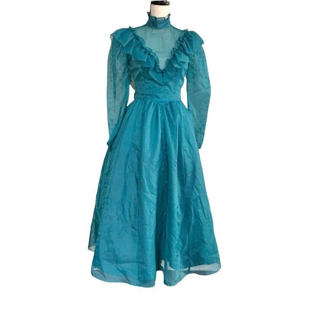 Gunne Sax Prairie Victorian Dress Vintage 80s Women’s Sheer Ruffle Blue SZ XS S